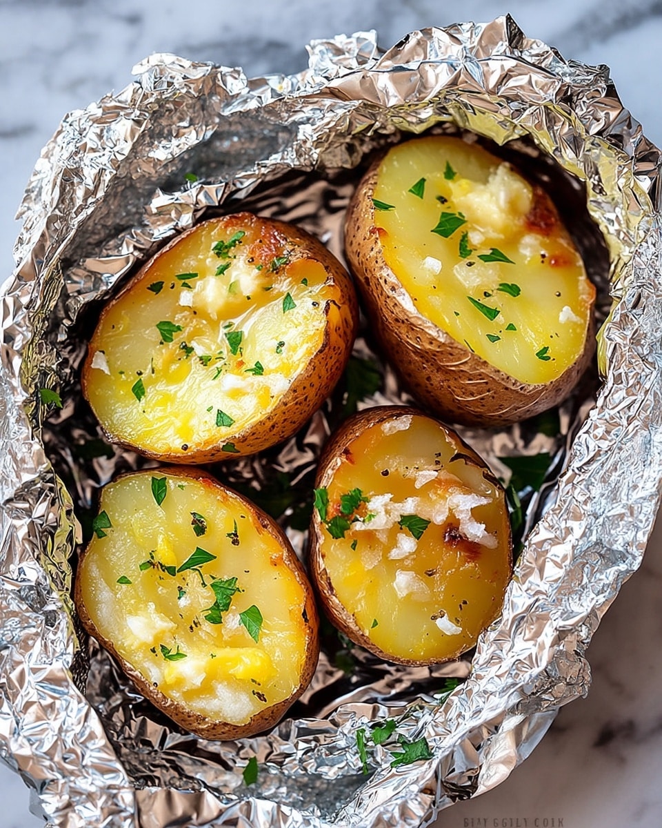Four baked potatoes are cut in half and placed inside crinkled shiny silver foil. Each potato half has a soft, yellow, slightly shiny inside with a bit of melted butter and small coarse salt pieces scattered on top. Tiny green parsley leaves are sprinkled over the potatoes, adding a fresh touch. The potato skins are brown and dotted with natural spots, contrasting with the bright yellow inside. Everything sits inside the foil, which forms a reflective, textured nest around the potatoes. The photo is taken close-up, showing detailed texture on the potato skin and butter, against a white marbled background. photo taken with an iphone --ar 4:5 --v 7