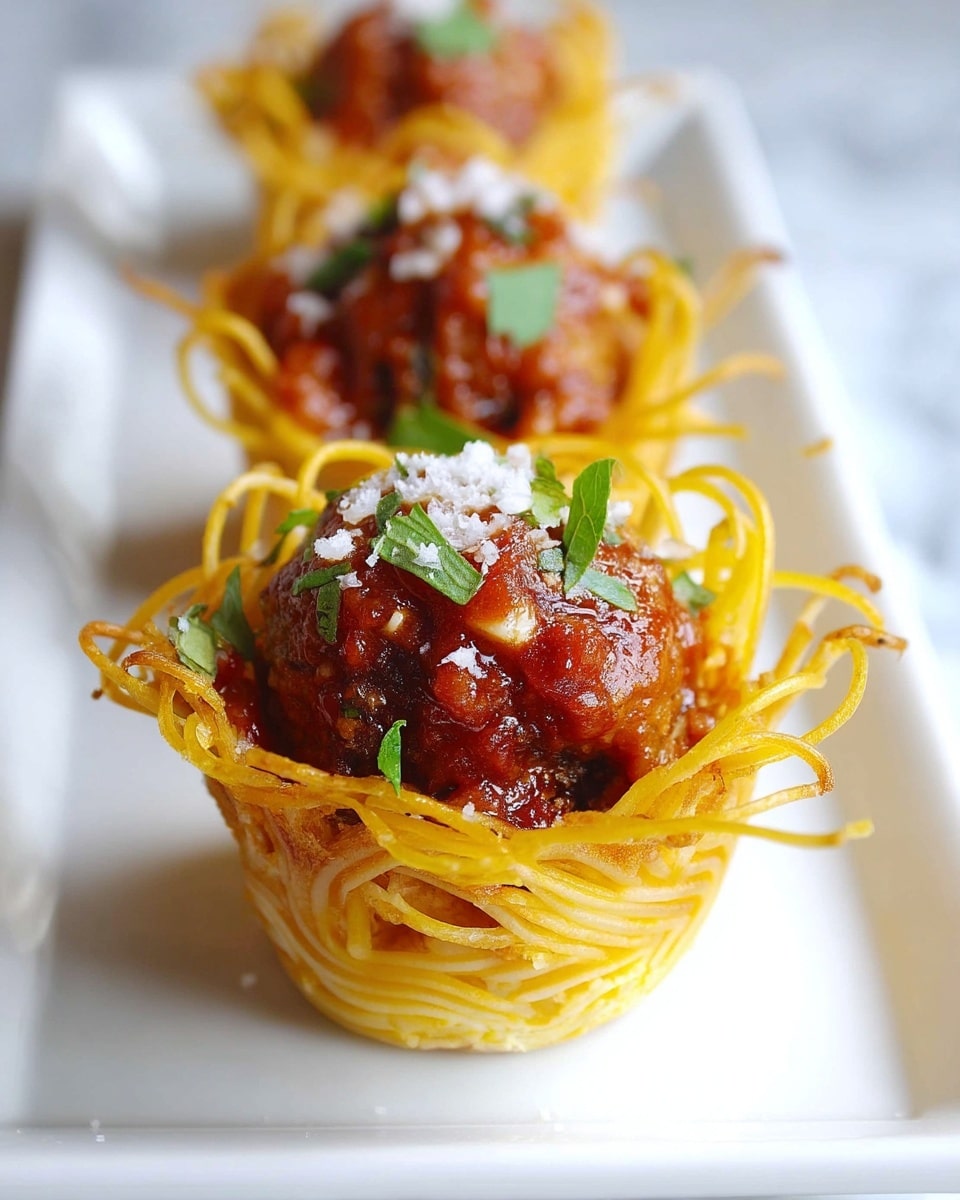 The image shows small pasta nests made from thin yellow spaghetti shaped into cups, placed on a white rectangular plate with a white marbled texture surface underneath. Each pasta cup holds a thick brown meatball covered with reddish tomato sauce, topped with small green herb leaves and a light sprinkle of grated white cheese. The pasta cups are golden and slightly crispy, with the long spaghetti strands visible and intertwined at the base and sides, while the meatballs sit centered inside the nests. The focus is on the front pasta nest, while the others fade softly into the background. photo taken with an iphone --ar 4:5 --v 7