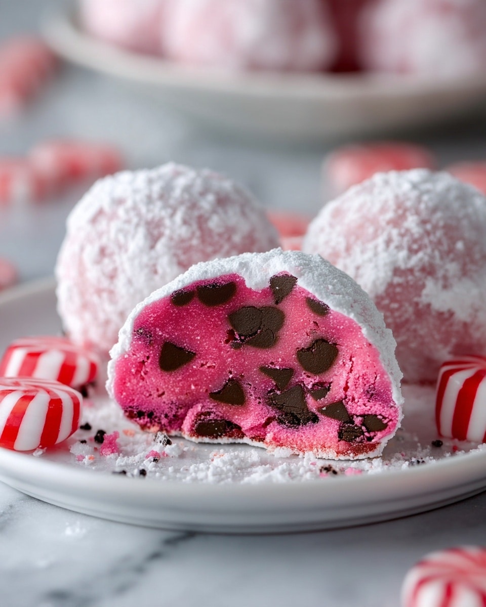 A close-up of a single round pink dessert ball with a rough texture, cut in half to show an inside layer full of dark brown chocolate chips scattered unevenly throughout. The outside is dusted with a thick layer of white powdered sugar, creating a soft contrast with the bright pink inside. It sits on a clean white plate with a smooth surface, and next to it are several red and white striped peppermint candies. The background features a blurred white marbled texture with hints of more similar pink dessert balls and a white bowl filled with pink treats. photo taken with an iphone --ar 4:5 --v 7