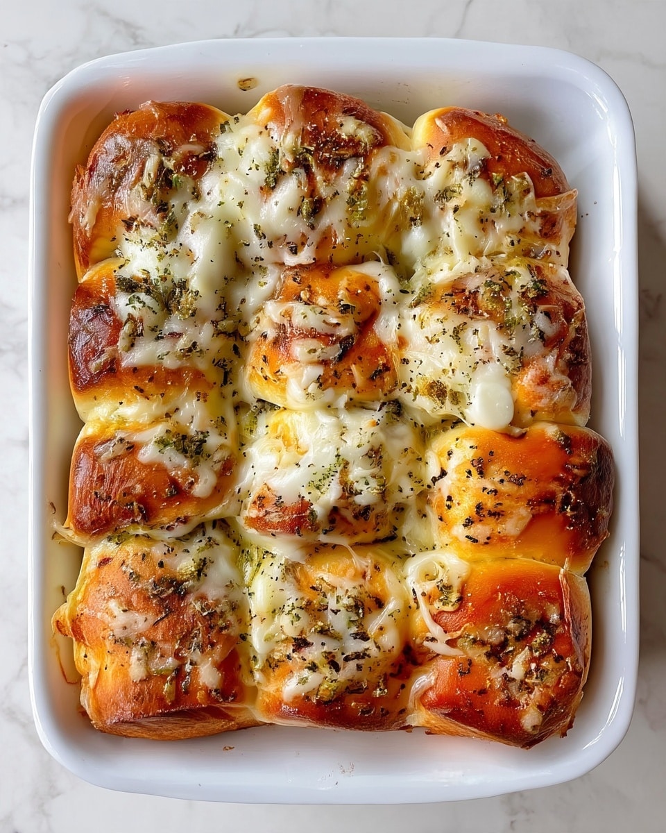 A white square baking dish holds 12 golden brown bread rolls arranged in a 3 by 4 grid, each roll with a shiny, slightly crispy crust. The top layer consists of melted white cheese sprinkled unevenly over the entire bread surface, with small bits of green herbs and black pepper spread on top. The cheese appears soft, gooey, and slightly browned in places, adding a textured look. The edges of the rolls show a soft, fluffy inside peeking through. The dish is placed on a white marbled textured surface. photo taken with an iphone --ar 4:5 --v 7