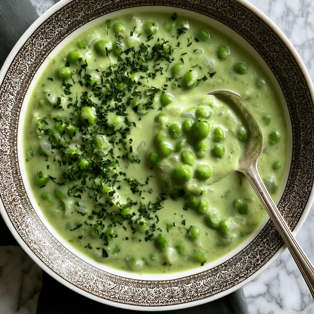 A creamy thick soup filled with bright green peas and small bits of soft white onions, all blended in a light green creamy base, served in a white bowl with an intricate dark brown patterned rim. The soup is topped with finely chopped dark green herbs scattered over the surface. A silver spoon resting inside the bowl scoops up part of the soup, showing the smooth texture mixed with the plump peas. The bowl is placed on a white marbled texture surface with a dark cloth partially visible underneath. Photo taken with an iphone --ar 4:5 --v 7
