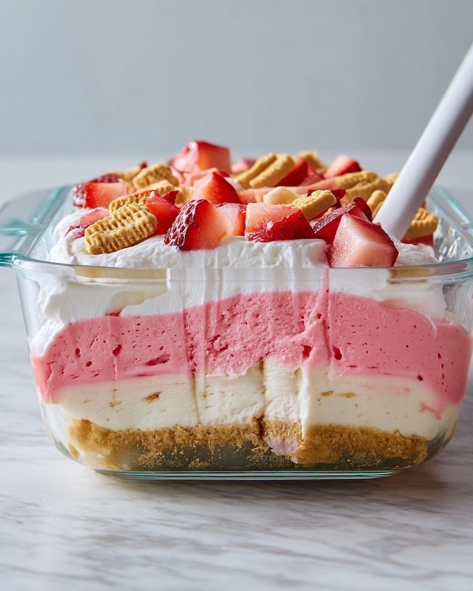 A slice of layered dessert sits on a white plate over a white marbled background, showing four distinct layers: the bottom layer is a thick, crumbly golden crust, followed by a smooth white cream layer, then a thicker pink cream layer, and topped with a fluffy white whipped cream layer. On the top, pieces of red strawberries and small golden cookie halves are placed as decoration. A silver fork is cutting into the right side of the slice, held by a woman's hand. The light highlights the creamy texture and fresh toppings clearly. photo taken with an iphone --ar 4:5 --v 7