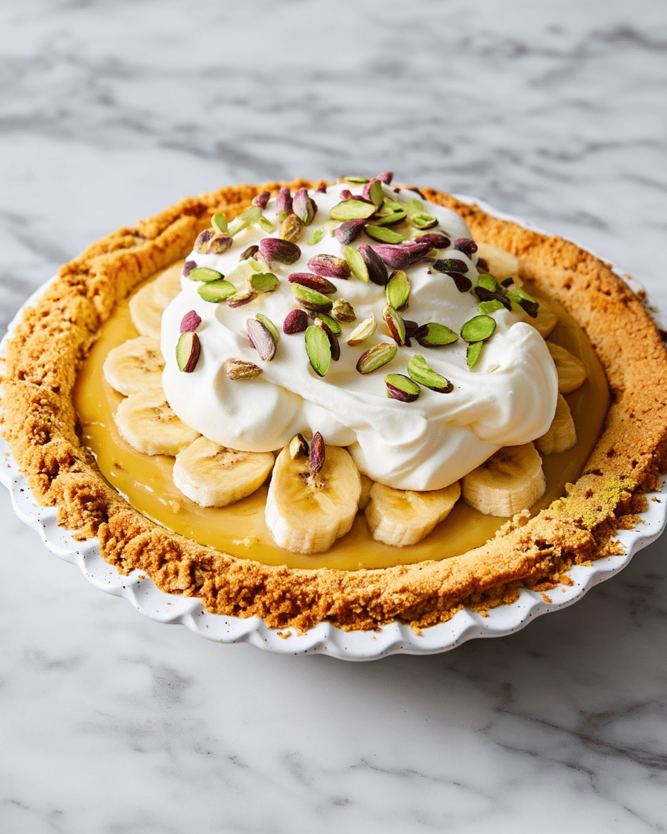 A pie with three clear layers is shown on a white marbled surface. The bottom layer is a golden brown crumbly crust, thick and uneven, forming the edge around the whole pie in a white pie dish. The middle layer is smooth and light yellow, covering the whole inside of the crust. On top of this is a layer of sliced bananas arranged in a single even circle. Above the bananas is a big dollop of white, fluffy whipped cream piled in the center, spread slightly outward. The whipped cream is topped with scattered green and purple pistachio nut pieces. The photo taken with an iphone --ar 4:5 --v 7