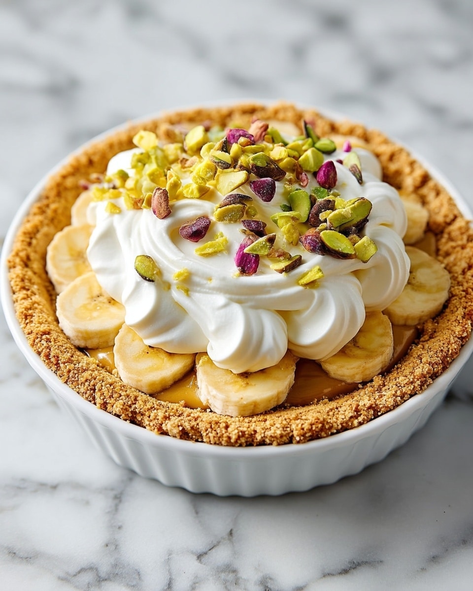 A pie is shown in a white pie dish with a crumbly, golden brown crust that forms the base and edges, with some crumbles scattered around the rim. The first inner layer consists of sliced bananas, neatly arranged in a circle. On top of the bananas is a smooth, light brown filling that looks creamy. Thick and fluffy white whipped cream is piled high in the center of the pie, creating soft peaks and swirls. Scattered over the whipped cream are bright green and purple pistachio pieces, adding color and texture. The whole pie sits on a white marbled surface. Photo taken with an iphone --ar 4:5 --v 7