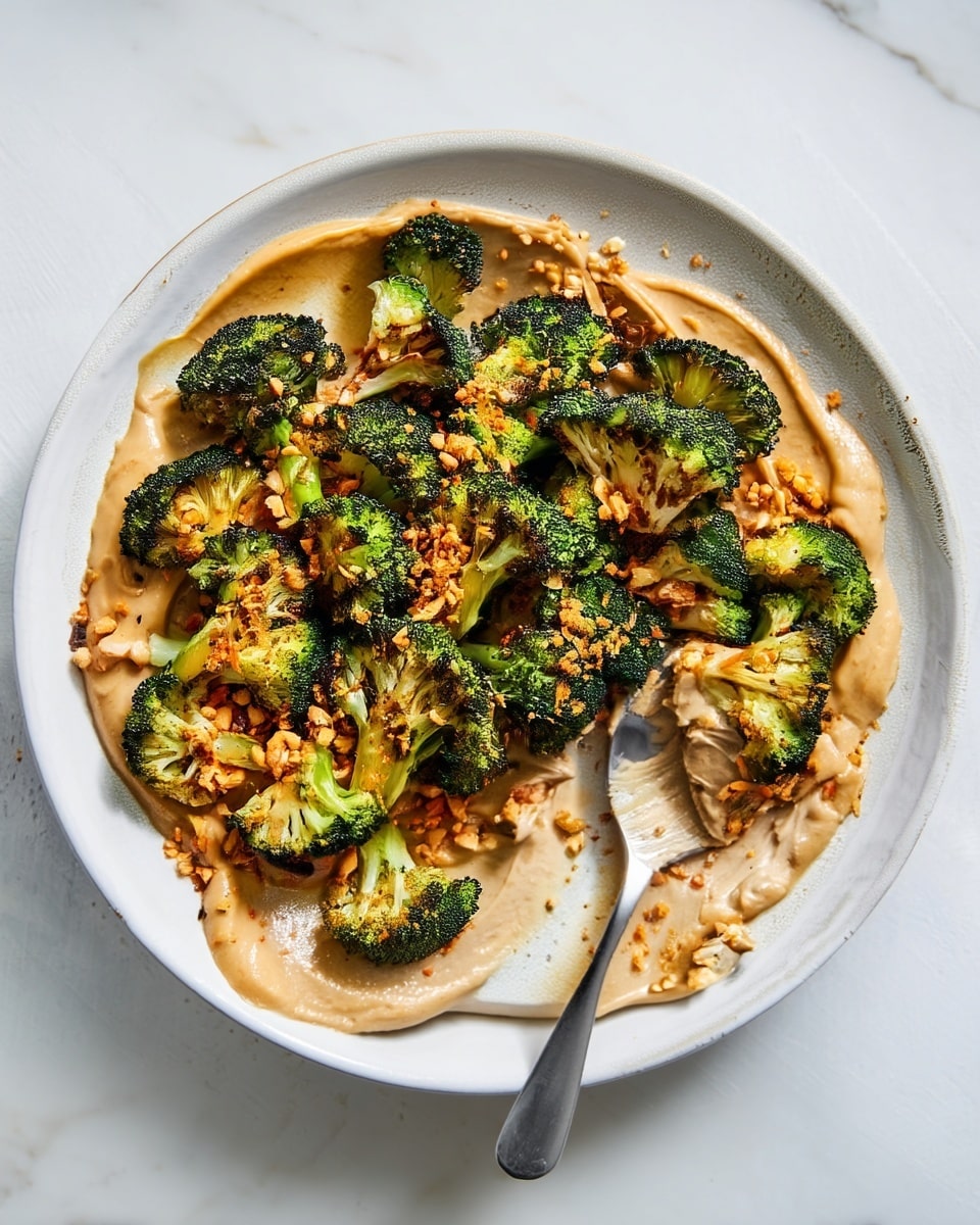 A white plate sits on a white marbled surface, holding a single-layer spread of thick light brown creamy sauce. On top, there is a layer of roasted broccoli florets, bright green with some dark charred edges, arranged loosely covering most of the plate. Scattered small pieces of crushed nuts and golden-orange crispy crumbs are sprinkled evenly over the broccoli, adding texture and contrast. A spoon is partially buried in the sauce on the right side of the plate, showing the smooth and thick consistency of the sauce with a slight shine. photo taken with an iphone --ar 4:5 --v 7