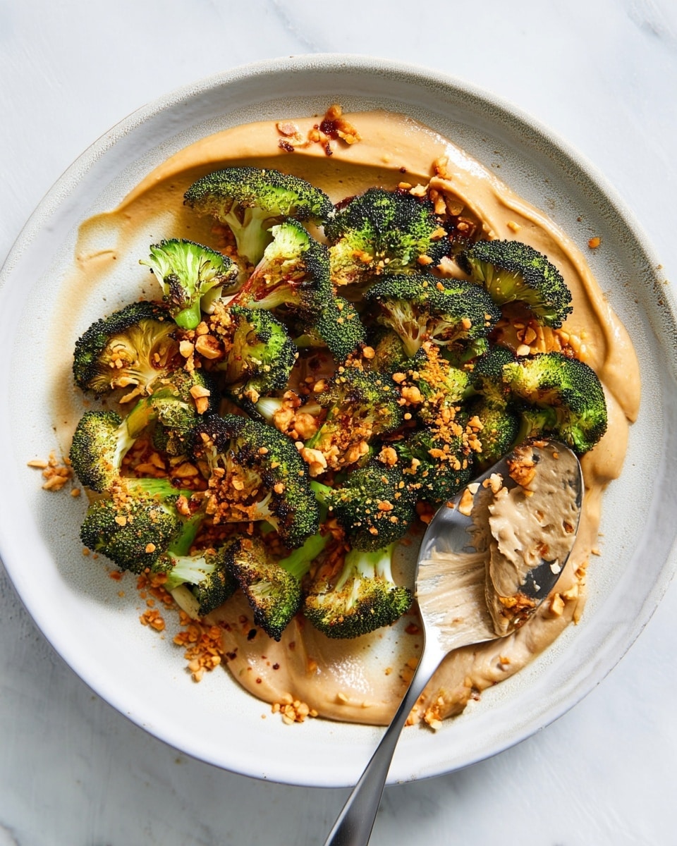 A white plate holds a smooth, thick light brown sauce spread in a single layer as the base, covering most of the plate's surface. On top, there are many roasted broccoli florets with charred dark green edges and lighter green stems, scattered evenly but close to each other. Small bits of golden brown and orange crunchy crumbs are sprinkled over the broccoli and sauce, adding texture and color contrast. The plate sits on a white marbled surface, and a metal spoon partially covered in sauce rests on the plate's edge. photo taken with an iphone --ar 4:5 --v 7