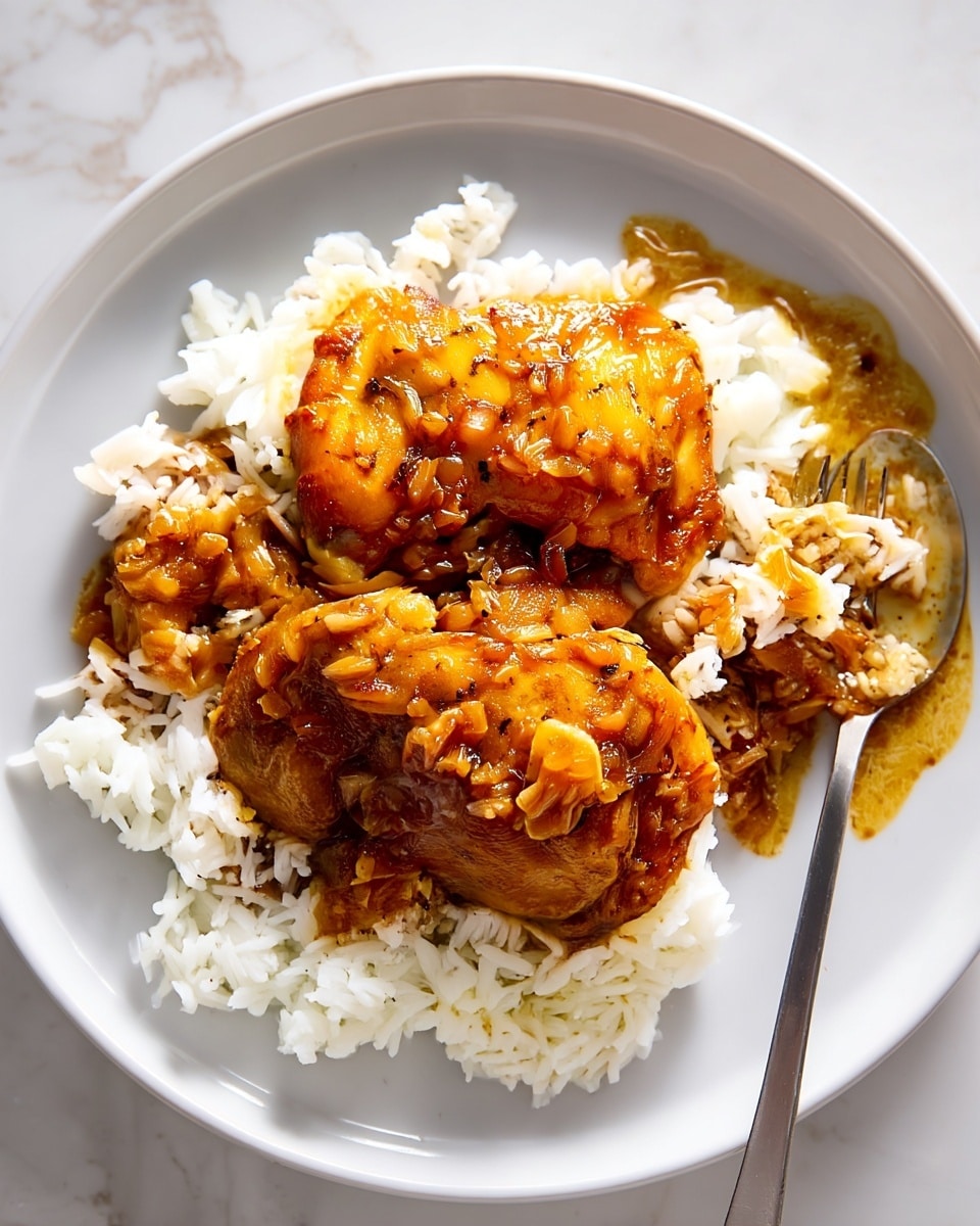 A white plate holds a bed of fluffy white rice spread evenly across the surface. On top, there are three golden-brown chicken pieces, each coated with a shiny, thick sauce that has visible small chunks of cooked onions, giving the chicken a slightly textured look. The sauce appears rich and glistens with a warm amber color. A silver fork is partially inserted into the rice on the right side of the plate, with some sauce and bits of chicken on it. The plate is set on a white marbled surface. photo taken with an iphone --ar 4:5 --v 7