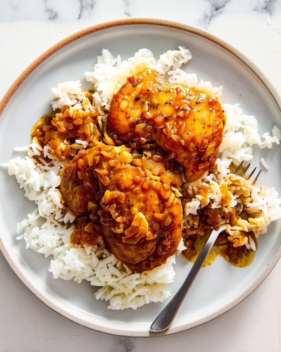 A white plate with a brown rim holds a bed of white fluffy rice, spread unevenly and topped with three round, golden-brown fried patties. The patties are covered with a chunky, glossy, caramel-colored onion sauce with visible small onion pieces, giving a textured look. The patties sit close together in the center, and there is a metal fork resting partially on the plate with sauce and some rice stuck on it. The background is a white marbled texture. Photo taken with an iphone --ar 4:5 --v 7