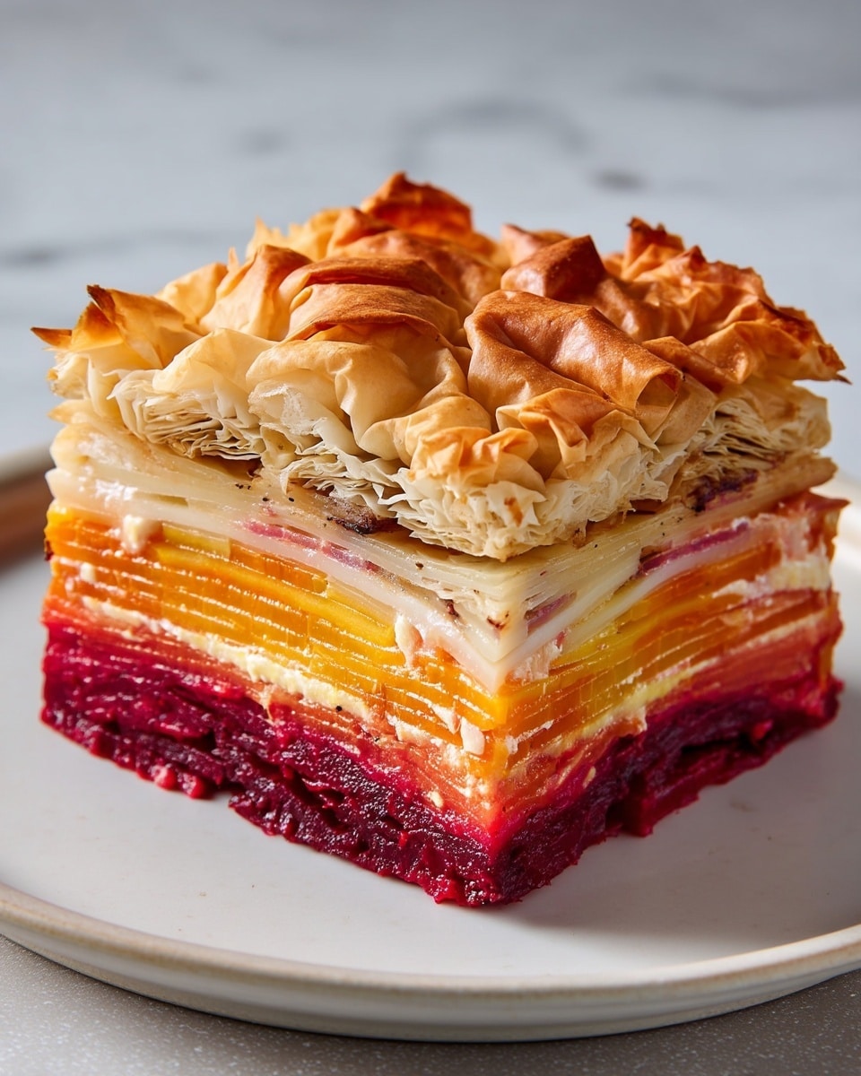 A thick slice of layered vegetable pie sits on a white plate, placed on a white marbled surface. The bottom layer is a deep red beetroot base, followed by thin, slightly translucent layers of orange and yellow vegetables, likely carrots and squash, interspersed with white creamy filling. The top is covered with a golden-brown, crumpled, and flaky phyllo dough crust with visible folds and a slightly crisp texture. The layers are neatly stacked, showing clear division in colors and textures from bottom to top. photo taken with an iphone --ar 4:5 --v 7