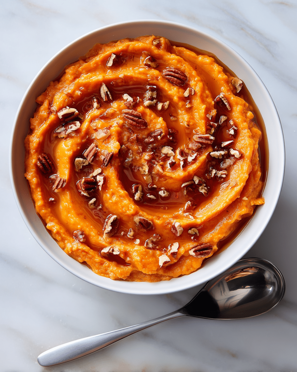 A white bowl is filled with bright orange mashed sweet potatoes spread smoothly with swirls across the top layer. The mashed sweet potatoes have a soft texture with small lumps visible. Scattered evenly on the surface are small pieces of chopped pecans, adding a dark brown, crunchy contrast. A layer of glossy, amber-colored syrup lightly coats the top, pooling in some of the swirls. To the right of the bowl, a shiny silver spoon lies on a white marbled surface. The photo taken with an iphone --ar 4:5 --v 7