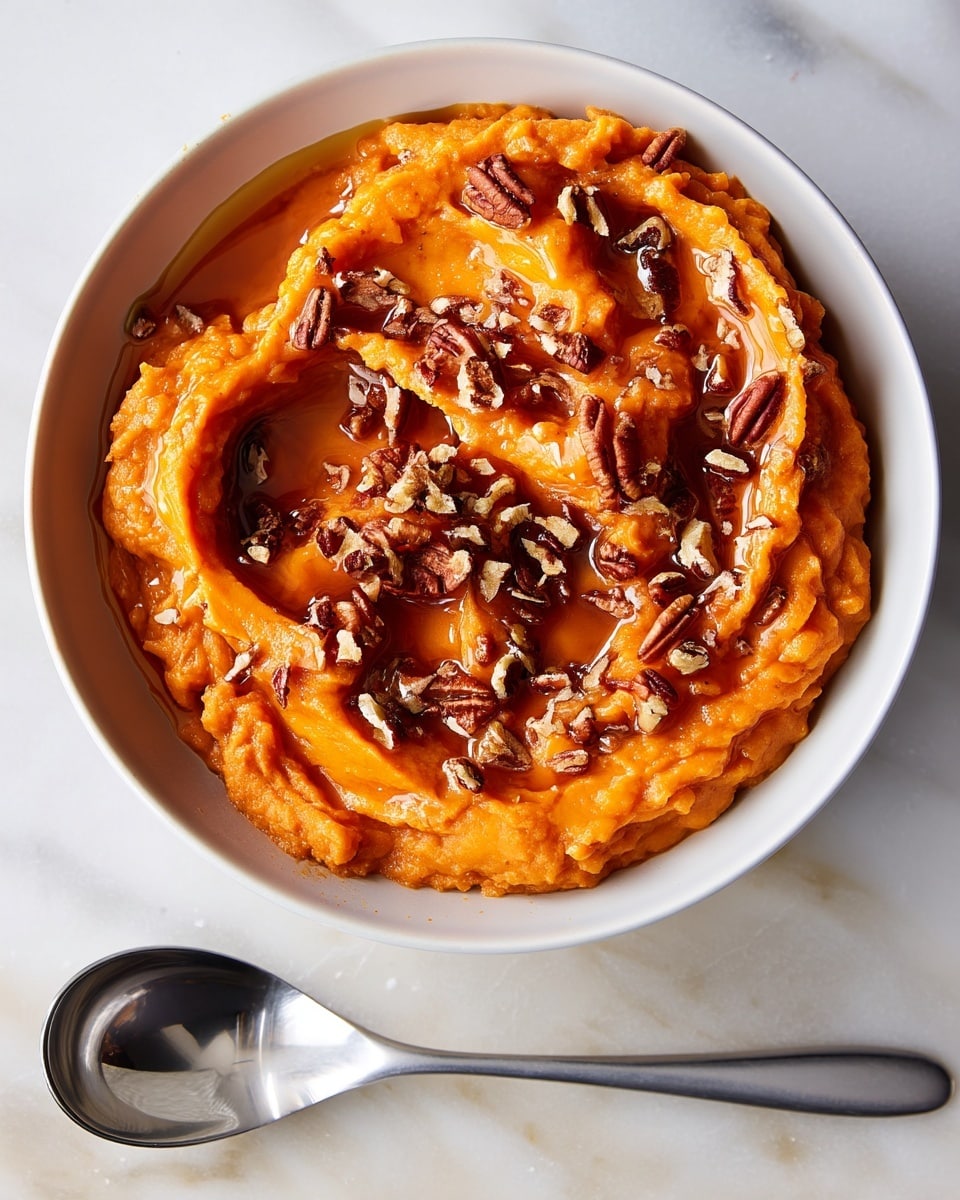 A white bowl filled with bright orange mashed sweet potatoes that have a smooth and creamy texture with some uneven swirls on top. The mashed sweet potatoes are topped with a generous layer of chopped pecans, adding a rough texture and dark brown color in contrast to the orange base. A small drizzle of glossy syrup or honey is visible on the surface, pooling in some of the swirled crevices. Next to the bowl, on a white marbled surface, there is a shiny silver spoon with reflections showing. The image has soft, natural lighting highlighting the rich colors and textures. photo taken with an iphone --ar 4:5 --v 7