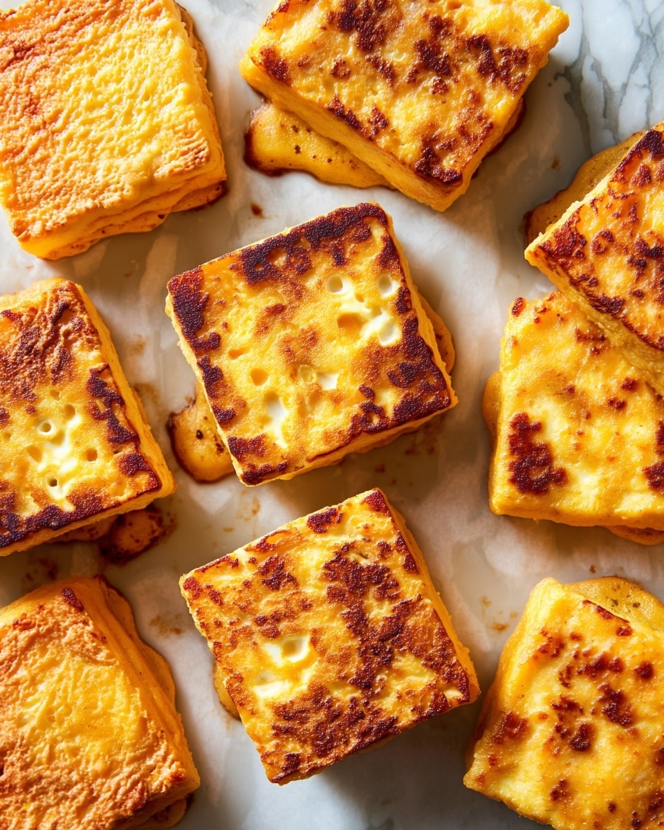 Several perfectly square, golden-yellow fried tofu pieces with a crispy, slightly uneven surface showing light browning and textural bubbles are arranged close together on a sheet of parchment paper. The tofu blocks have varying shades of yellow and brown, with some edges more browned and raised. The background is a white marbled texture that contrasts with the warm colors of the tofu. The light highlights the crispy texture, making the tofu look warm and fresh. photo taken with an iphone --ar 4:5 --v 7