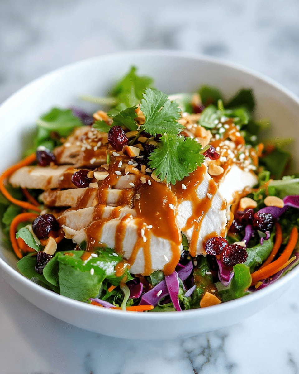 A fresh salad served in a white bowl with a base layer of mixed green leafy vegetables and purple cabbage, topped with thin slices of white chicken breast arranged in a small mound at the center. Bright orange carrot spirals weave through the greens. On top of the chicken, a scattering of mixed nuts and red dried cranberries adds texture and color. The dish is finished with a drizzle of brownish-orange dressing with a slightly glossy texture and sprinkled with white sesame seeds and fresh green cilantro leaves. The bowl is placed on a white marbled textured surface. photo taken with an iphone --ar 4:5 --v 7