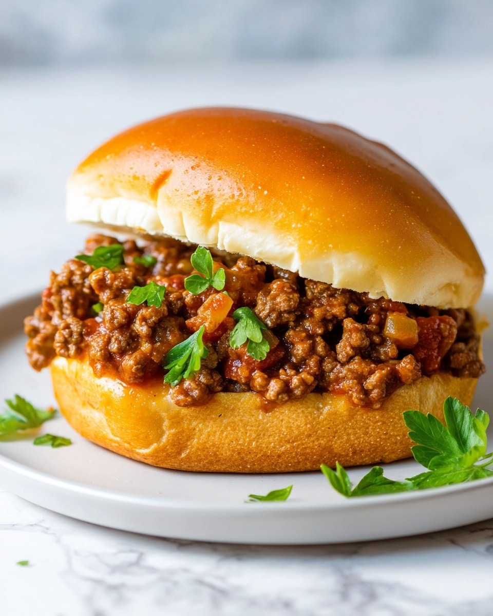A sloppy joe sandwich on a soft, shiny light brown bun split open with its top leaning back, showing a thick layer of cooked ground beef mixed with small chopped onions and diced tomatoes in a rich, saucy brown mixture, garnished with bright green fresh parsley leaves scattered on top. The sandwich sits on a simple white plate over a white marbled surface. Photo taken with an iphone --ar 4:5 --v 7