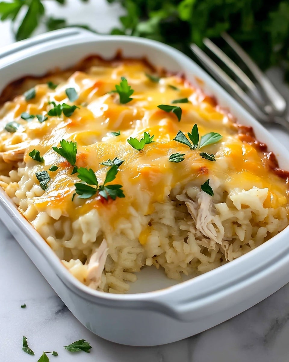 A white baking dish filled with a creamy casserole that has two main layers: the bottom layer is soft, light beige rice mixed with shredded white chicken pieces, and the top layer is a golden-brown melted cheese crust with a slightly bubbly, shiny texture. Small green parsley leaves are scattered on top of the cheese, adding a pop of color. The dish sits on a white marbled surface with a fork and greens blurred in the background. photo taken with an iphone --ar 4:5 --v 7