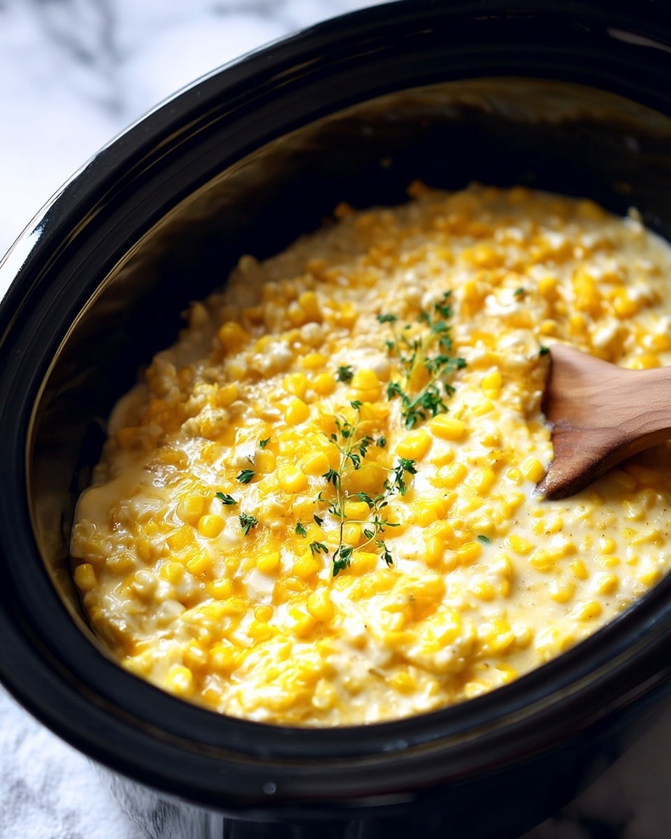 The image shows a close-up of a creamy corn dish inside a deep black crockpot. The dish has a thick texture with visible bright yellow corn kernels mixed evenly throughout a rich, smooth, pale yellow creamy sauce. Small bits of fresh green herbs are sprinkled on top, adding contrast to the dominant yellow and white colors. A wooden spoon is partly visible on the right side, gently stirring the creamy corn mixture. The background is a white marbled texture. photo taken with an iphone --ar 4:5 --v 7