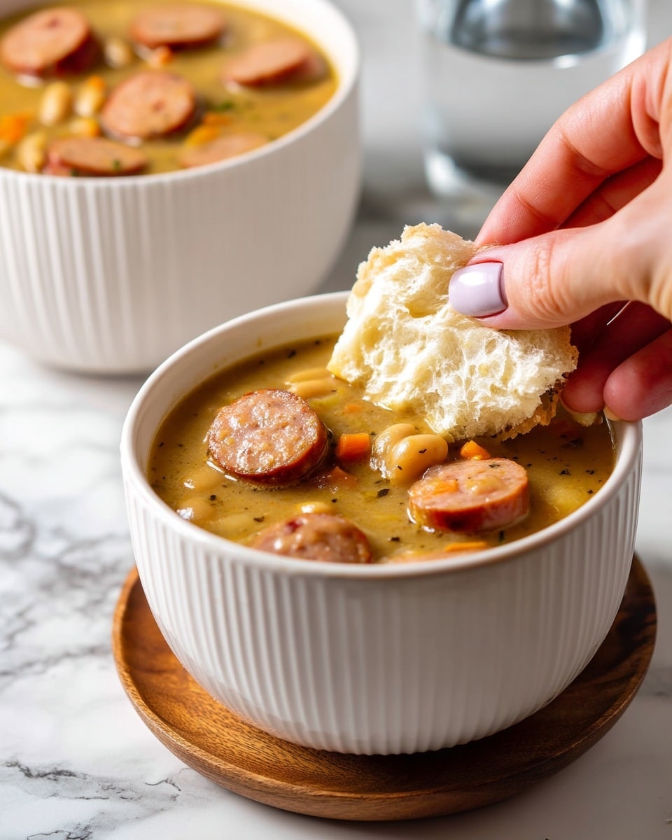 A white ribbed bowl filled with thick soup showing three main layers: a creamy light brown broth base with visible small white beans and orange carrot bits spread throughout, several slices of browned sausage pieces scattered on top, and a woman's hand dipping a torn piece of soft white bread into the soup. In the background there is another white bowl filled with the same soup and a clear glass of water, all placed on a white marbled surface with a wooden round coaster under the bowl in focus. photo taken with an iphone --ar 4:5 --v 7