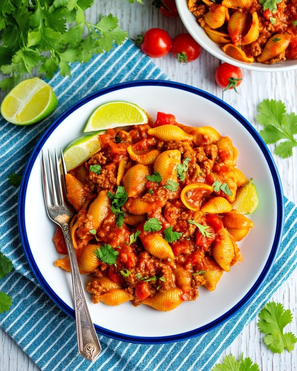 A white plate with a blue rim holds a hearty dish of shell pasta covered in a rich, chunky red tomato sauce mixed with browned ground meat and small red pepper pieces, topped with small green cilantro leaves scattered across and two lime wedges placed on the top right edge. A silver fork rests on the left side of the plate. The plate sits on a matching white plate with a blue rim atop a blue and white striped cloth on a white marbled surface. In the background, there are bright red tomatoes, green cilantro leaves, and a white bowl filled with the same pasta dish. Photo taken with an iphone --ar 4:5 --v 7