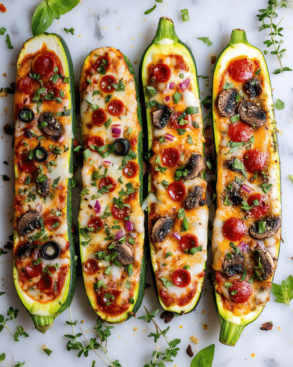 Six zucchini boats lie side by side on a white marbled surface. Each boat is halved lengthwise with hollowed centers filled with layers of melted cheese, tomato sauce, and small sliced toppings such as mini pepperoni, red onions, mushrooms, and black olives. The melted cheese layer is golden with some browned spots, with green herbs sprinkled on top. The zucchini skin is dark green and glossy, contrasting with the creamy cheese and vibrant toppings. Some fresh herb sprigs and chopped greens are scattered around the boats, adding a fresh touch. photo taken with an iphone --ar 4:5 --v 7