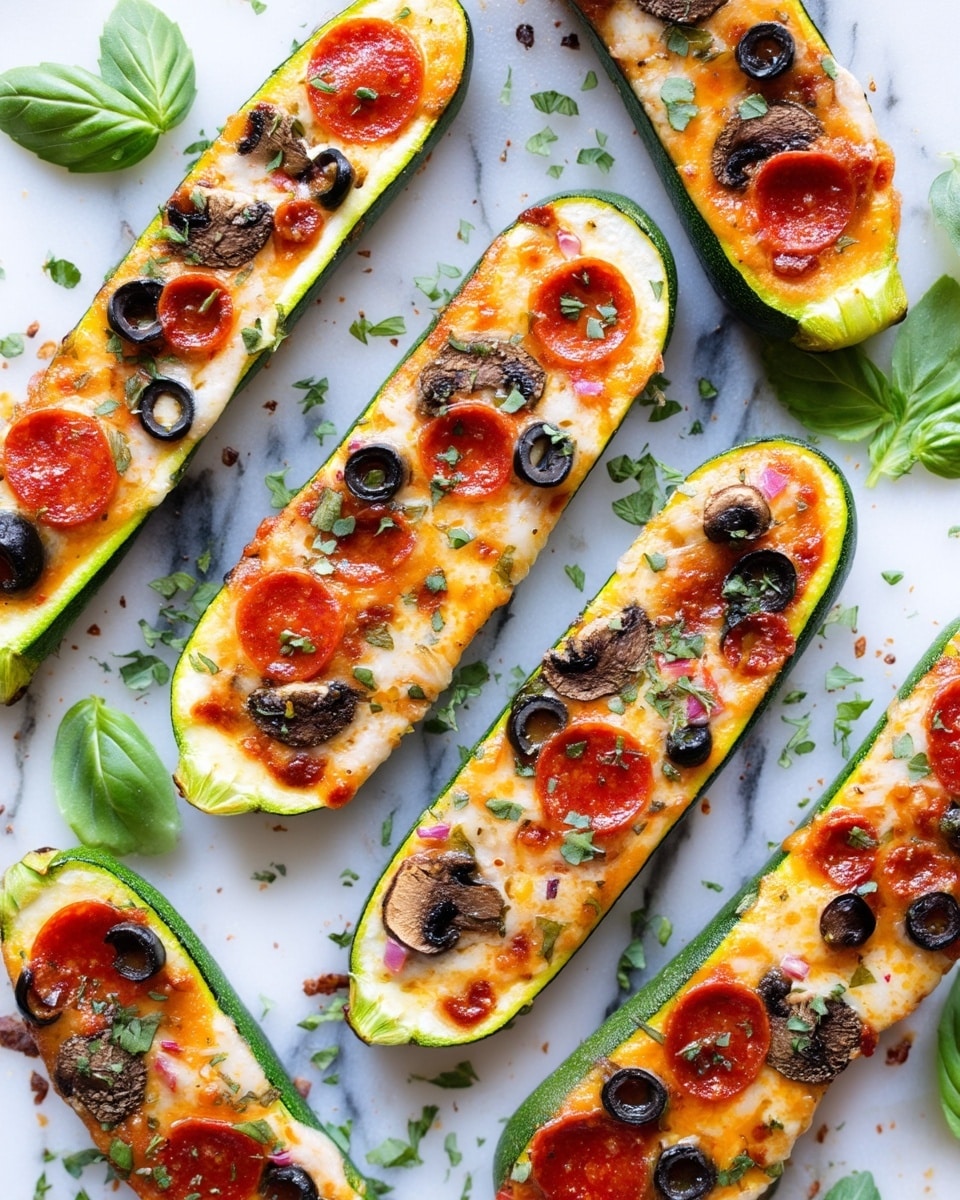 There are several zucchini boats cut in half lengthwise and hollowed out, filled with a colorful pizza topping. Each zucchini boat has a base of melted cheese with mini pepperoni slices scattered on top. Some also have sliced black olives and small pieces of mushroom. The zucchini edges are bright green and slightly cooked, with the cheese layer golden and bubbly, sprinkled with finely chopped fresh herbs. The boats are arranged on a white marbled surface, with some leafy green garnishes around them. photo taken with an iphone --ar 4:5 --v 7