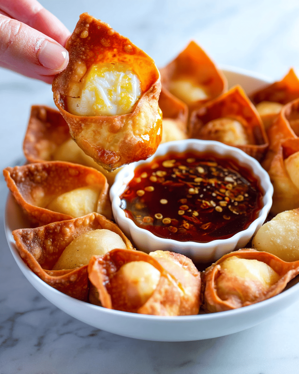 A close-up image shows a white bowl filled with golden brown crispy fried wontons, each with a light bubbly texture on their surface and a slightly folded shape holding a round creamy filling that is pale yellow. One wonton is being held by a woman's hand, dipped halfway into a small white ramekin filled with dark reddish-brown dipping sauce speckled with chili flakes and showing a glossy texture. The bowl of wontons sits on a surface with a white marbled texture. Photo taken with an iphone --ar 4:5 --v 7