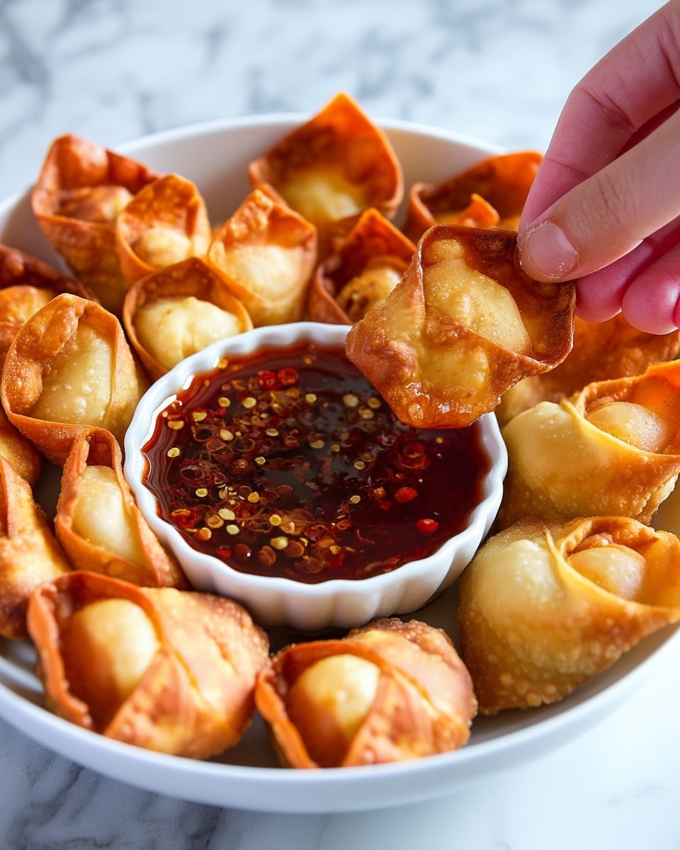 A white bowl filled with golden-brown fried wontons arranged in a circle around a small white dipping bowl containing a dark red chili sauce with visible chili flakes. A woman's hand is dipping one crispy wonton into the sauce. The wontons have a bubbly, crunchy texture with light golden centers, and the chili sauce looks thick and shiny. The bowl is placed on a white marbled surface. photo taken with an iphone --ar 4:5 --v 7