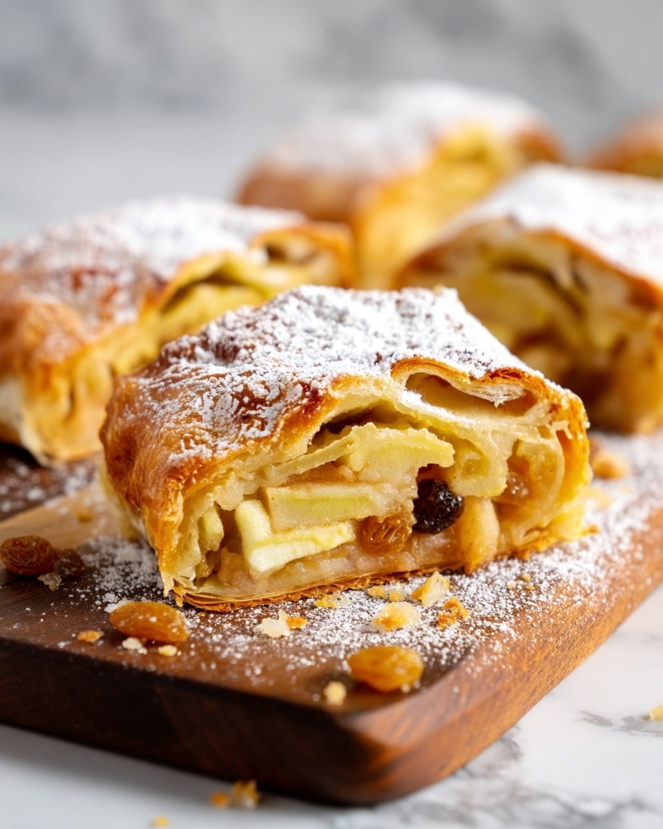 The image shows golden brown apple strudel slices sitting on a wooden board over a white marbled surface. Each strudel slice has three visible layers: a crisp, flaky outer crust with a light dusting of white powdered sugar, and inside, a thick layer of soft, light yellow apple slices mixed with translucent, syrupy raisins. The textures are crispy on the outside and tender on the inside, with some crumbs scattered around for a natural look. The focus is on the front slice, with more blurred pieces in the background, giving the strudel a fresh, homemade feel. Photo taken with an iphone --ar 4:5 --v 7