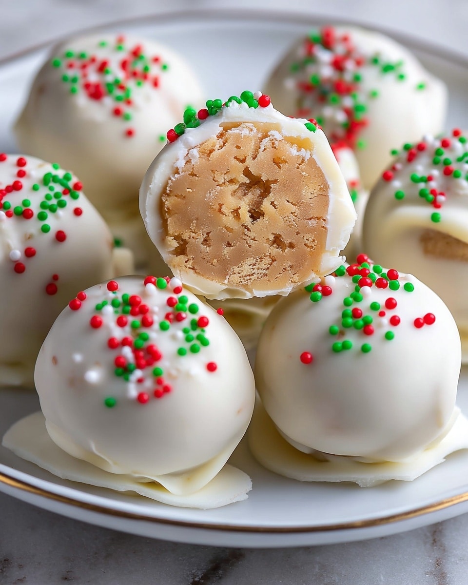 The image shows several round dessert balls coated with smooth white chocolate, each decorated on top with small, colorful red, green, and white round sprinkles. One ball is cut in half, revealing a light brown, crumbly, dense center inside the white coating. The balls are placed close together on a white plate with a thin gold rim, and the plate rests on a white marbled texture. photo taken with an iphone --ar 4:5 --v 7