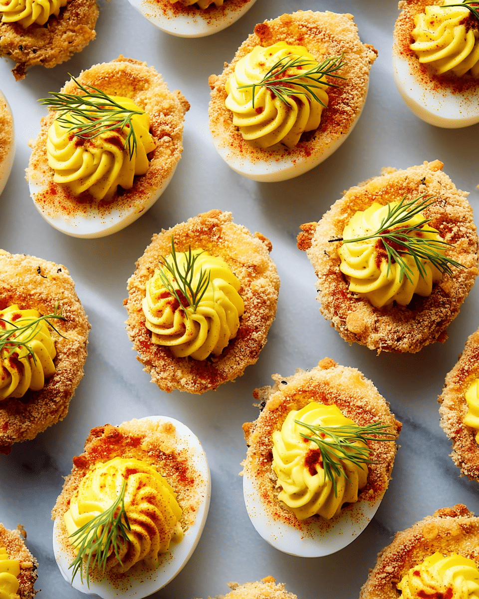 The image shows many deviled eggs arranged closely on a white marbled surface. Each deviled egg is halved and has three main layers: the base is a light beige boiled egg white, covered evenly with a coarse, crumbly golden-brown breadcrumb crust. On top is a thick, smooth swirl of bright yellow yolk filling, dusted with a light sprinkling of reddish-orange paprika. Each swirl is garnished with a small sprig of fresh green dill, placed slightly off-center. The eggs are uniformly sized and neatly spaced, creating a clean, appetizing pattern. Photo taken with an iphone --ar 4:5 --v 7