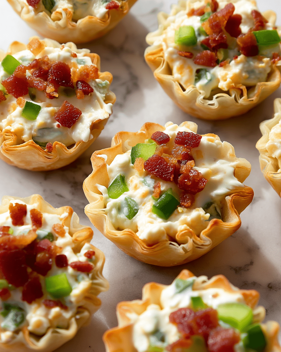 The image shows a group of mini tarts arranged close together on a white marbled surface. Each tart has three main layers: a light golden, flaky pastry shell with ruffled edges forming the base, a creamy white cheese layer with a smooth texture filling the shell, and a topping of small chunks of crispy reddish-brown bacon and bright green diced bell peppers scattered unevenly over the cheese. The tarts look freshly baked and are placed randomly with some green bell pepper pieces and bacon crumbs around them. The lighting highlights the golden color of the pastry and the creamy texture of the cheese. Photo taken with an iphone --ar 4:5 --v 7
