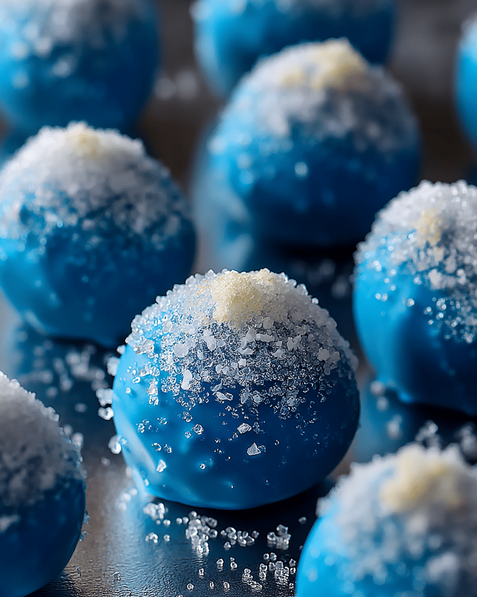 The image shows a close-up of a group of round blue candies or cake balls arranged closely together. Each candy has a smooth blue coating and is topped with a thick layer of white sparkling sugar crystals that cover the upper half of the balls, giving a frosted appearance. The candies sit on a shiny surface that reflects their blue color softly. The background is blurred and dark, making the blue candies stand out clearly. photo taken with an iphone --ar 4:5 --v 7