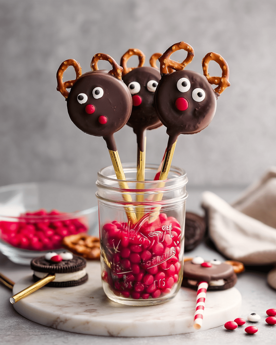 The image shows three reindeer-shaped chocolate cookie pops standing upright in a clear glass jar filled with small red round candies on a white marbled surface. Each pop has a single round dark chocolate cookie layer coated smoothly in shiny chocolate, with two small white candy eyes placed near the center and a small red candy nose below. Two twisted pretzels are attached at the top on each pop, forming the reindeer antlers. The sticks of the pops are striped pink and white or covered in gold foil, inserted straight down into the candy-filled jar. Around the jar on the white marbled surface are scattered candy eyes and red candies, with one chocolate cookie pop lying flat on its back next to some cookies and a beige cloth in the background. Photo taken with an iphone --ar 4:5 --v 7