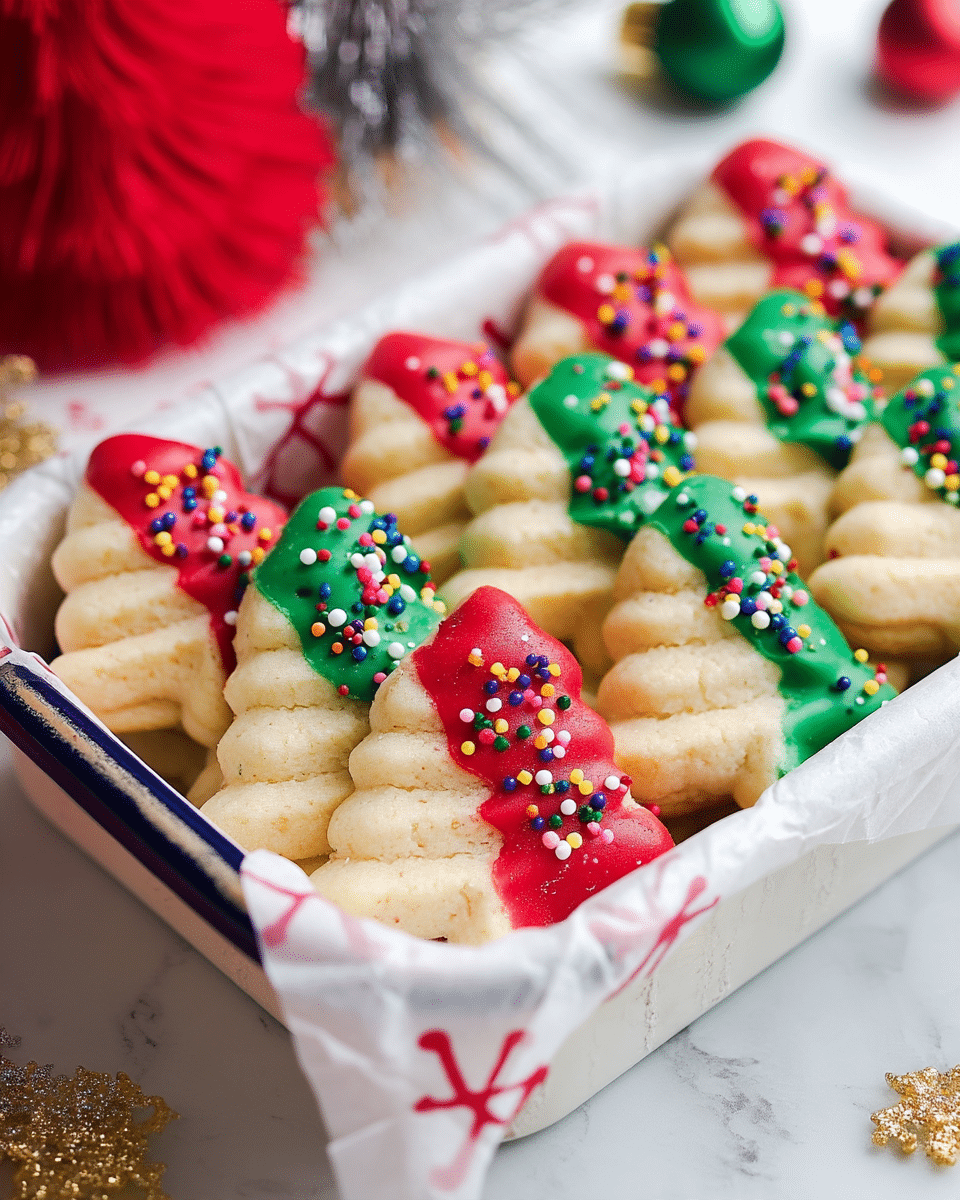 The image shows a white tray lined with white paper that has red patterns, filled with light beige Christmas tree-shaped cookies. Each cookie has a smooth, slightly crumbly texture and is dipped halfway in either red or green icing. The icing is decorated with small round multicolored sprinkles. The cookies are layered, some stacked slightly above others, filling the tray in a festive look. The background has blurry Christmas decorations with gold and red colors, placed on a white marbled surface. photo taken with an iphone --ar 4:5 --v 7