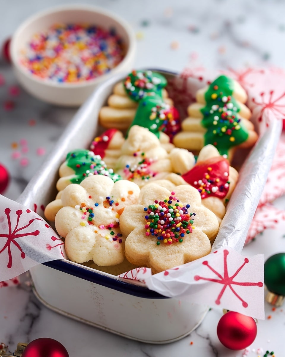A close-up of Christmas-shaped cookies in a white metal container lined with white paper that has red snowflake designs. The cookies are pale beige with a soft texture, shaped like Christmas trees and flowers. The Christmas tree cookies have green and red icing covering half of the tree shape, sprinkled with small round colorful candy bits. The flower-shaped cookies have colorful candy sprinkles on the top center. In the background, there is a white bowl filled with similar colorful sprinkles, all placed on a white marbled surface with scattered sprinkles and red Christmas ornaments. Photo taken with an iphone --ar 4:5 --v 7