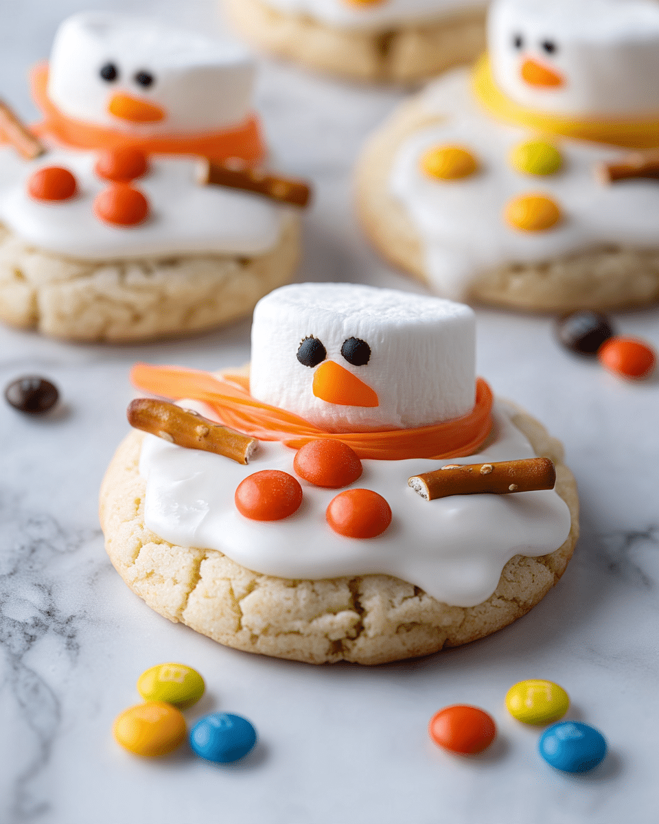 A round cookie base with a golden-baked, slightly cracked texture is topped with a smooth layer of white icing that drips slightly over the edges. On top of the icing sits a large white marshmallow shaped like a snowman's head, decorated with two small black dots for eyes and an orange triangle for a nose. Surrounding the marshmallow is an orange licorice strand wrapped loosely like a scarf. Three small round orange candy pieces are arranged on the icing as buttons. Two small pretzel sticks are placed on each side of the cookie, representing the snowman's arms. The cookie is set on a white marbled surface with scattered colorful candy pieces nearby. Photo taken with an iphone --ar 4:5 --v 7