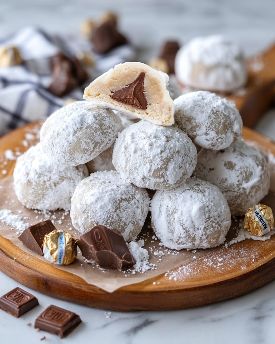 This image shows a pile of round cookies covered in white powdered sugar on a wooden board with parchment paper. Each cookie has one layer of soft, light beige dough on the outside, dusted heavily with the powdered sugar, giving them a snowy, powdery texture. One cookie is cut in half and placed on top, showing a single inner layer of smooth, dark brown chocolate filling in a triangular shape. Small pieces of wrapped and unwrapped chocolate are scattered around the board. The whole image is set on a white marbled surface. photo taken with an iphone --ar 4:5 --v 7
