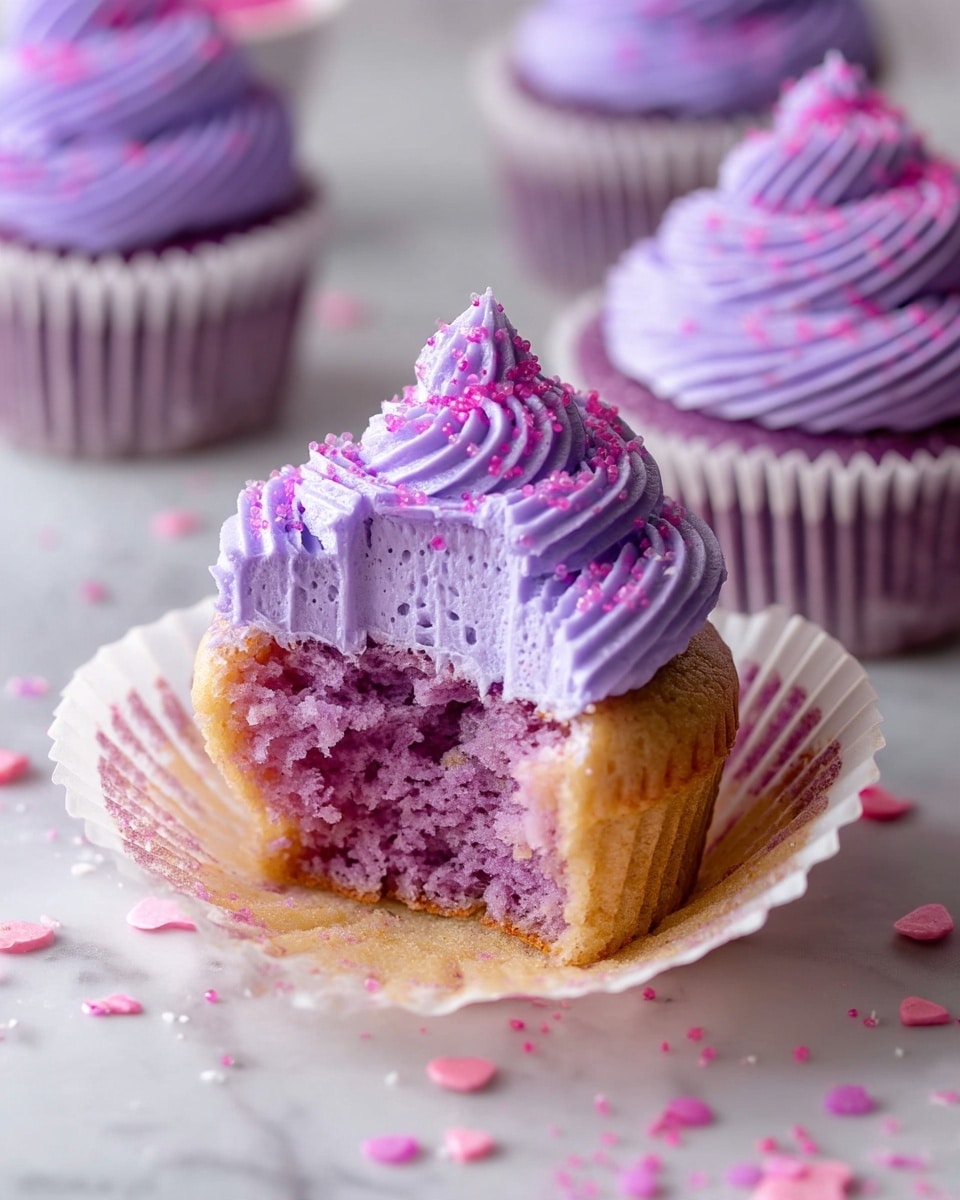 The image shows a close-up of a purple cupcake with one big bite taken out from the bottom layer, revealing its soft and moist texture. The cupcake has one layer of light purple cake topped with a thick layer of smooth, swirled lavender frosting decorated with small pink sugar sprinkles. The cupcake liner is white and crinkled, resting on a white marbled surface scattered with some extra pink sugar crystals around it. Other cupcakes with similar frosting are slightly blurred in the background. Photo taken with an iphone --ar 4:5 --v 7