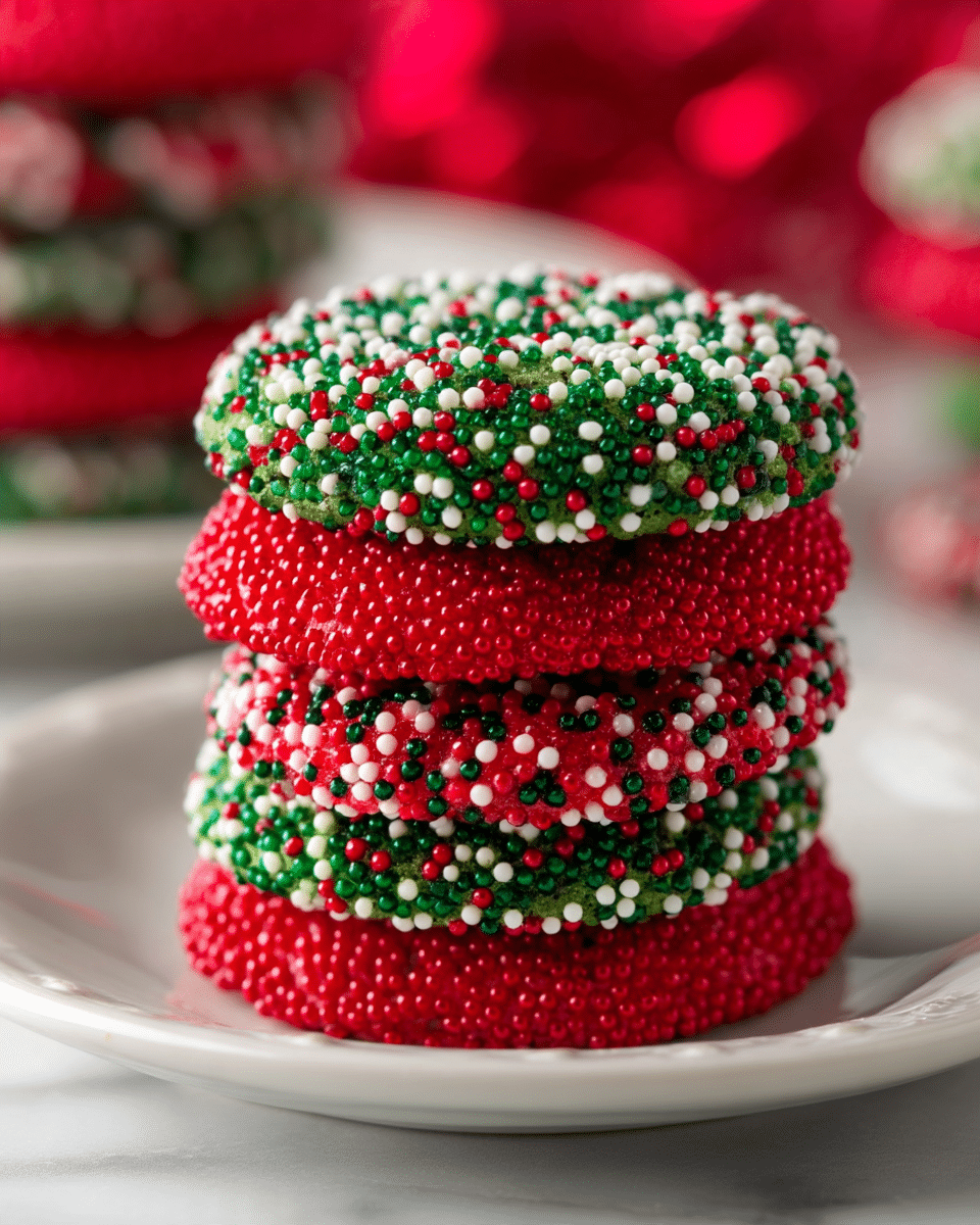 A close-up image of a stack of five round cookies on a white plate, placed on a white marbled surface. The stack alternates between green cookies covered in red, white, and dark green small round sprinkles, and red cookies fully coated with tiny red nonpareil sprinkles. The green cookies have a rough texture under the sprinkles, while the red cookies look smooth yet densely covered in tiny red beads. The background is blurred with hints of red, emphasizing the festive colors of the cookies. Photo taken with an iphone --ar 4:5 --v 7