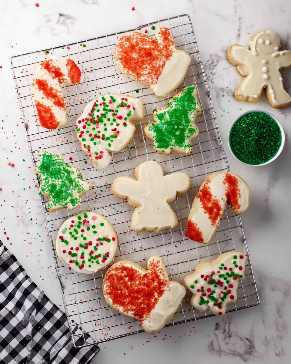 A metal cooling rack holds eleven Christmas-themed sugar cookies on a white marbled surface. Shapes include mittens, candy canes, Christmas trees, gingerbread people, and round cookies, all frosted with a smooth layer of white icing. The mittens and candy canes are sprinkled with a layer of bright red sugar crystals in parts. The Christmas trees are decorated with green sugar crystals, some also dotted with small red and white round sprinkles. Two round cookies and one mitten are decorated with a mix of red, green, and white round sprinkles scattered evenly. Some sugar sprinkles are scattered around the rack on the white marble surface. A small white bowl filled with green sugar crystals is partly visible on the right side of the image. photo taken with an iphone --ar 4:5 --v 7