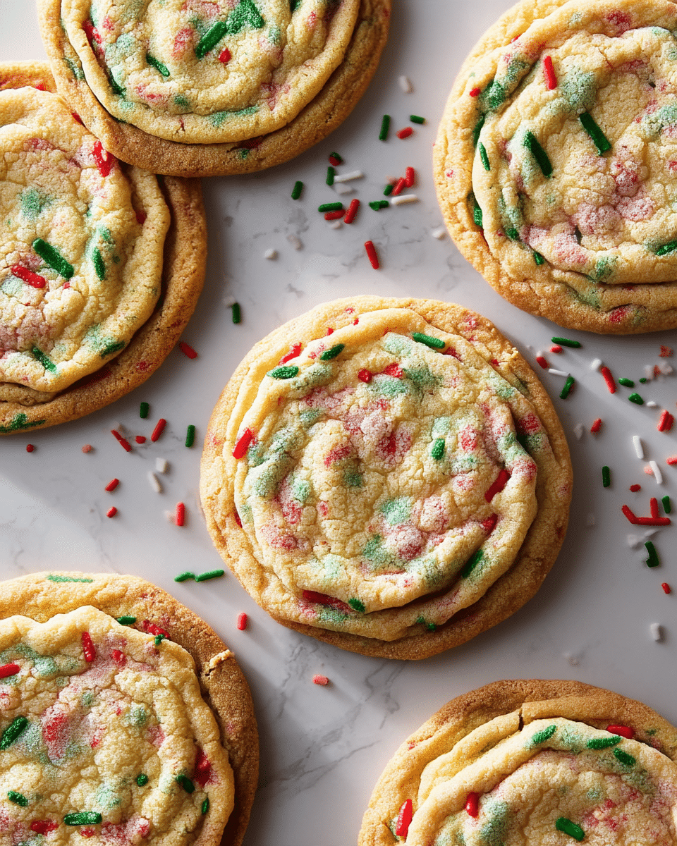The image shows several round sugar cookies spread out on a white marbled surface. Each cookie has a soft, light golden-brown base with a slightly darker, crispier edge layer. The top layer of the cookies is textured and slightly cracked, with colorful red, green, and white sprinkles scattered throughout, embedded in the dough. The sprinkles add small bright spots of color to the light tan cookie surface. The cookies vary slightly in size but are mostly uniform, and some sprinkles are scattered on the surface around them. photo taken with an iphone --ar 4:5 --v 7