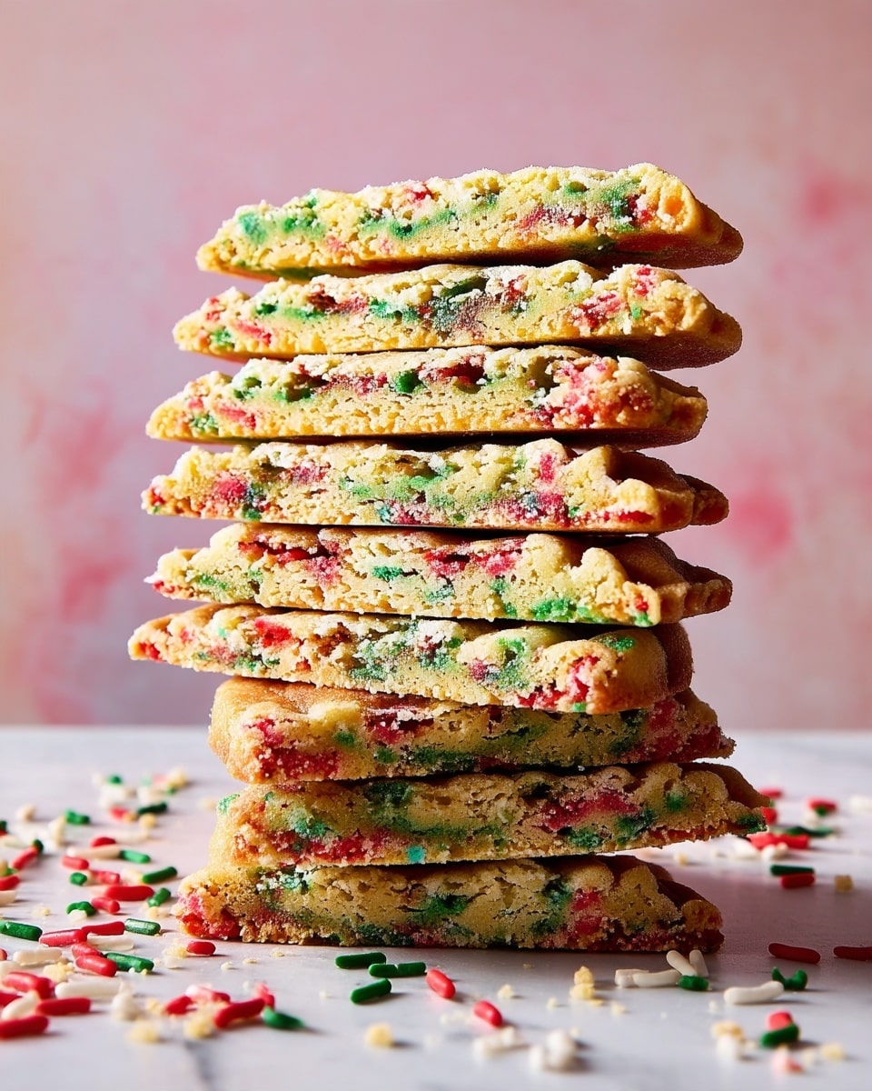 A tall stack of nine thin cookies is shown, each cookie cut in half to reveal the inside. Each cookie layer has a light golden-brown dough with small red and green bits spread evenly throughout, giving a colorful, sprinkled effect. The edges are slightly crisp and crumbly. The stack is placed directly on a white marbled surface with a few red, green, and white sprinkles scattered around the base. The background is soft pink with a smooth texture. photo taken with an iphone --ar 4:5 --v 7