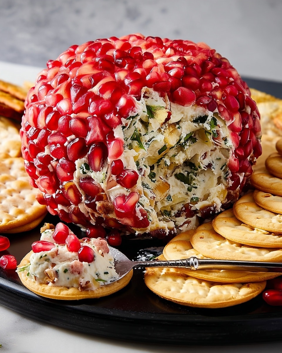 A round cheese ball is shown with a thick outer layer covered in bright red pomegranate seeds, giving a shiny and textured look. The inside of the cheese ball is creamy white mixed with small bits of green herbs and pieces of nuts, adding a rough texture. It sits on a black plate surrounded by light golden round and rectangular crackers. One cracker in the front has a scoop of the cheese ball with some pomegranate seeds on top. A silver spreading knife lies on the black plate next to the cheese ball, with some cheese on its edge. The background features a white marbled surface. Photo taken with an iphone --ar 4:5 --v 7