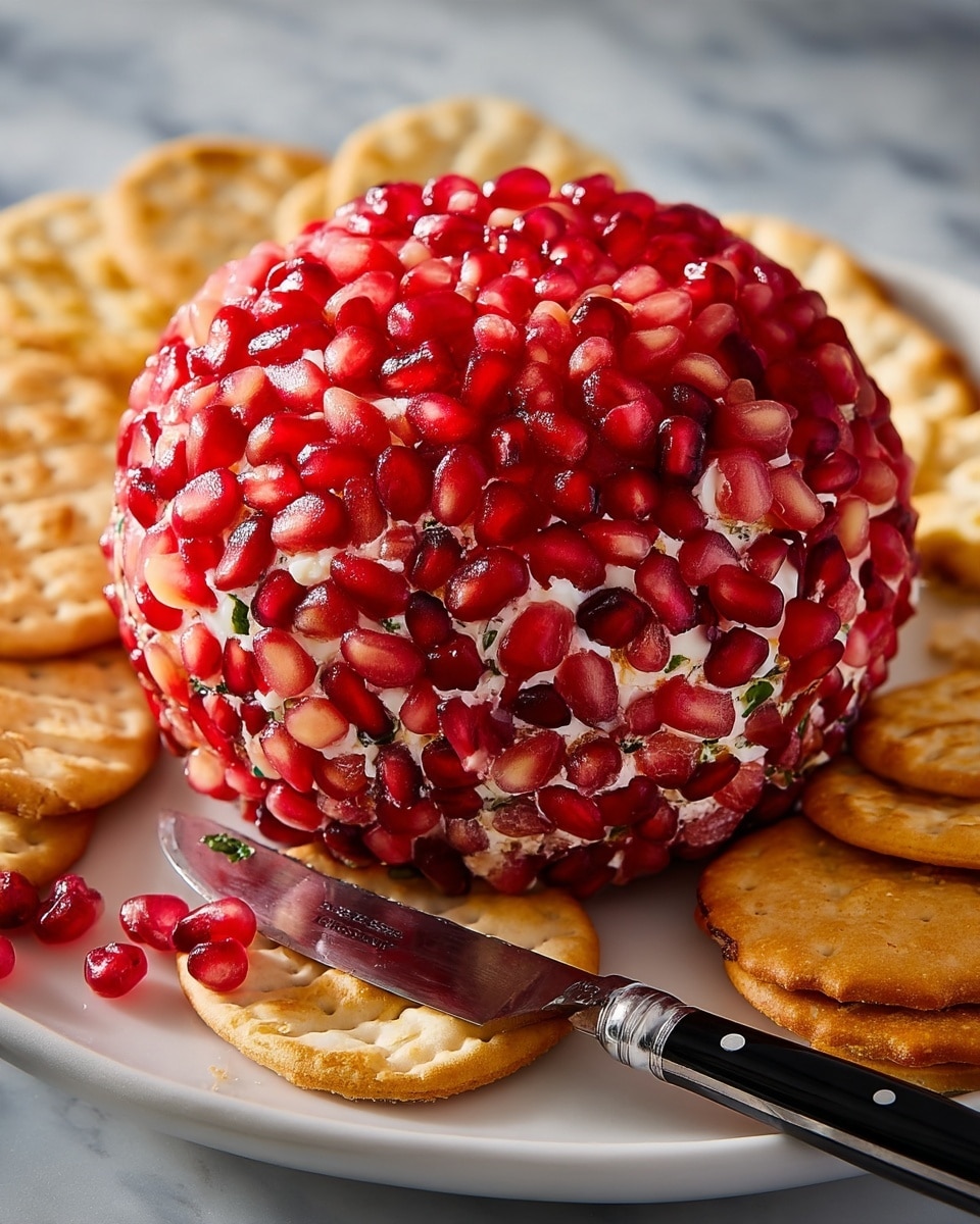 A round cheese ball covered completely with bright red and translucent pomegranate seeds, showing some white cheese and herb bits peeking through in places, sits on a white plate with a white marbled texture in the background. Surrounding the cheese ball are light golden round crackers with a slightly toasted texture, some stacked and some lying flat, along with a knife with a black handle and silver blade resting on the plate next to the cheese ball. Photo taken with an iphone --ar 4:5 --v 7