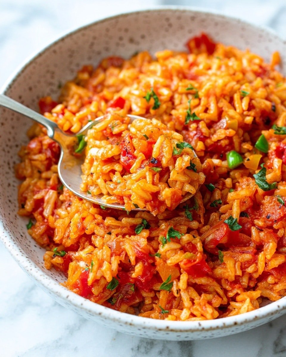A close-up image of cooked rice mixed with a red tomato sauce coating each grain, giving the dish a bright orange-red color. The rice looks soft and slightly sticky with small visible chunks of tomatoes and yellow bell peppers. Green herb pieces are scattered throughout adding a fresh contrast. A silver spoon is partially dipped into the rice on the right side, lifting a small portion, resting on top and showing the texture clearly. The dish sits in a white bowl with a subtle speckled pattern on the outside, all placed on a white marbled textured surface. Photo taken with an iphone --ar 4:5 --v 7
