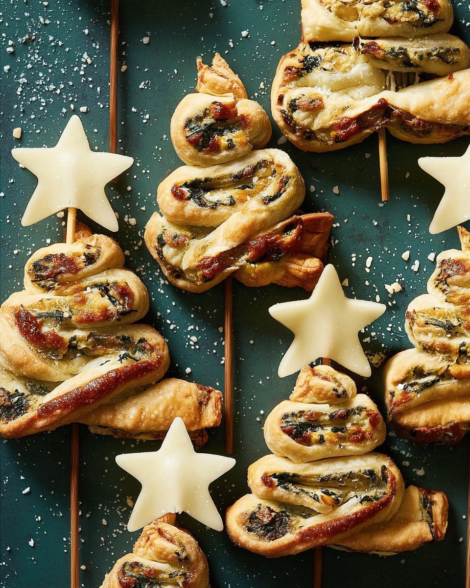 The image shows several puff pastry snacks shaped like Christmas trees and stars on wooden sticks, placed on a dark green surface. The Christmas tree-shaped pastries have multiple layers folded in a zigzag pattern, displaying golden-brown baked dough with green herbs and melted cheese visible inside the folds. Each tree is topped with a large, solid white star cutout made of cheese. The stars are smooth and have five points, providing a nice contrast to the textured, flaky pastry below. The surface around the pastries has scattered grains of salt, enhancing the rustic, homemade feel. photo taken with an iphone --ar 4:5 --v 7