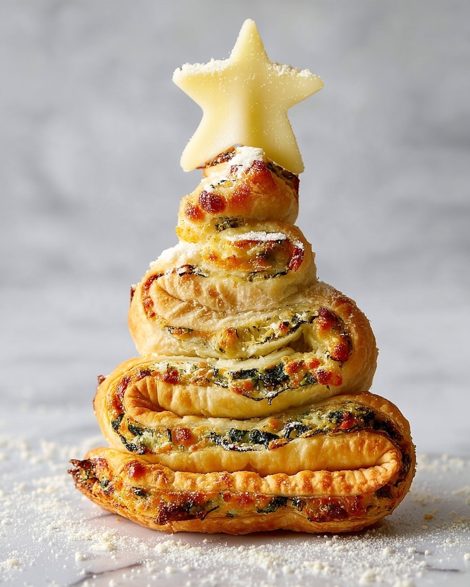 The image shows a Christmas tree-shaped pastry made from spiral layers of golden-brown puff pastry with visible bits of green herbs and orange cheese inside. The tree is formed by stacking about four layers, each layer smaller than the one below, creating a tiered, triangular shape. At the very top, there is a pale yellow star-shaped piece of cheese standing upright. Powdered cheese is being sprinkled over the whole pastry, adding a dusting of white. This tree pastry is centered on a white marbled background. photo taken with an iphone --ar 4:5 --v 7