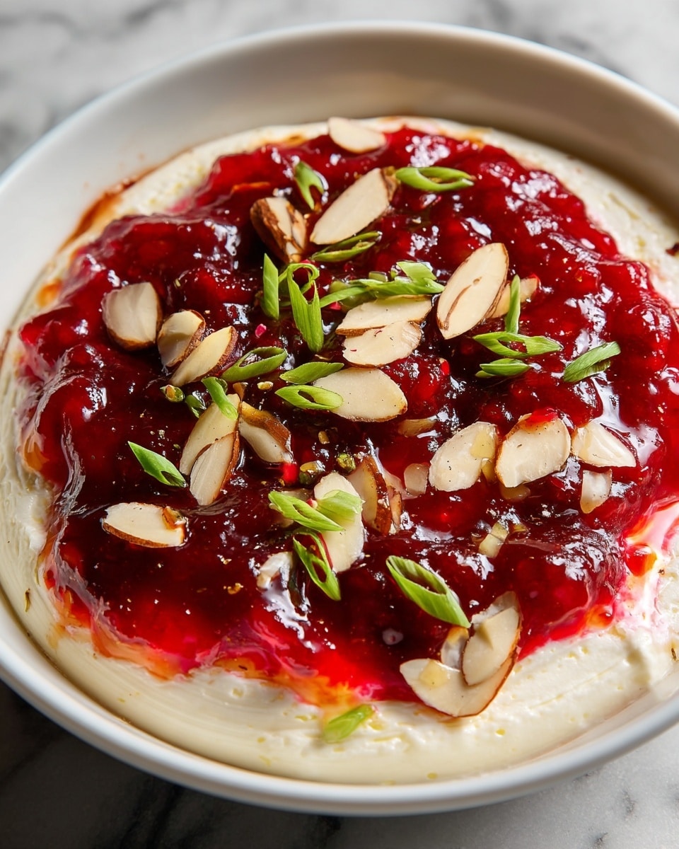 The dish shows a close-up view of a creamy white base layer, smooth and thick, spread evenly in a white bowl. On top is a bright red, glossy jelly-like layer that looks slightly chunky and sticky, covering most of the cream. Scattered on the red layer are thin, light brown almond slices and small green onion slices, which add texture and color contrast. The background surface is a white marbled texture. photo taken with an iphone --ar 4:5 --v 7