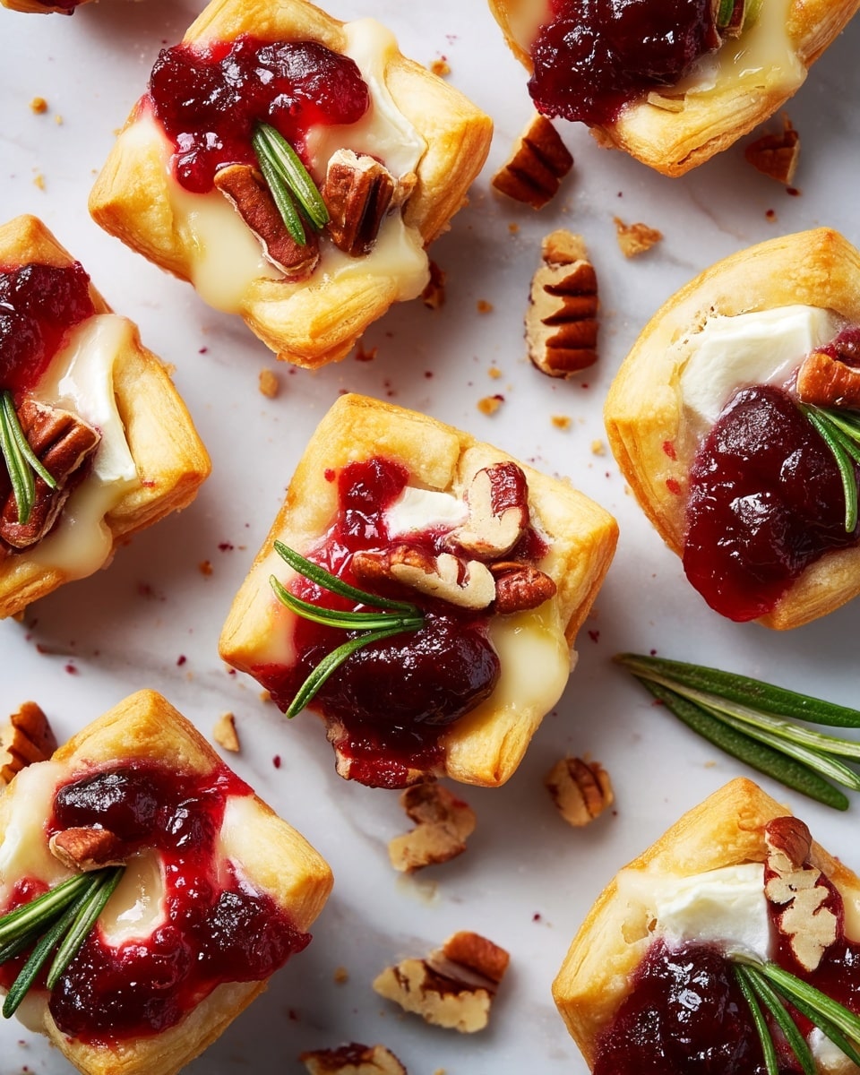 A collection of small, square-shaped puff pastry bites arranged closely on a white marbled surface, each with three visible layers: a golden-brown flaky puff pastry base, a creamy white melted cheese layer that slightly oozes, and a bright red, glossy dollop of cranberry sauce on top. Garnishing each bite are small, chopped pecan pieces with a rich brown color and bright green rosemary sprigs, giving a fresh and festive look. Some crumbs from the pastry are scattered around the bites, showing a crisp texture. photo taken with an iphone --ar 4:5 --v 7