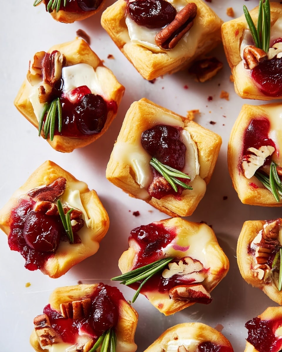 Mini tartlet appetizers are shown on a white marbled surface, each with three visible layers: the base is a golden, crispy pastry shell with a slightly puffed and flaky texture; the middle layer is melted creamy cheese that is soft and stretchy, oozing slightly from some tartlets; the top layer is a deep red, glossy cranberry sauce dollop with a thick, jam-like texture, garnished with small pecan halves and fresh green rosemary sprigs standing upright. One tartlet in the front is broken, showing the soft, creamy cheese inside and the fragile pastry crust. The overall look is warm, inviting, and colorful, with a mix of smooth, crunchy, and fresh textures. Photo taken with an iphone --ar 4:5 --v 7