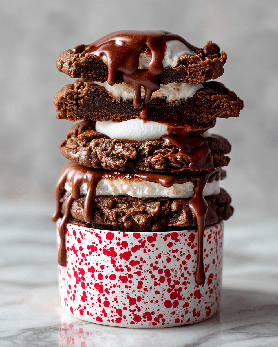 The image shows a tall stack of four chocolate cookies with three layers of white marshmallow in between, topped with a rich, melted chocolate sauce dripping down the sides. Each cookie has a dark, slightly crumbly texture and is thick, holding the soft, fluffy white marshmallow layers that peek out between the cookies. The stack is placed inside a white cup with a red and white speckled outer surface, sitting on a white marbled background. The marshmallow layers add height and softness contrasted by the rough and thick cookie texture. photo taken with an iphone --ar 4:5 --v 7